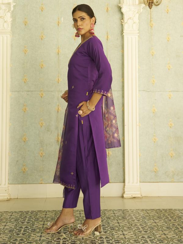 VP 9820 P Apeksha Elegant Silk Blend Kurta Set with Beaded Embroidered Design & Organza Dupatta